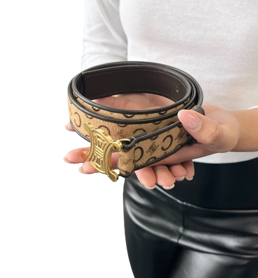CELINE Vintage Macadam Logo Belt #32/80 Fashion Accessory Brown Gold Calf Hair