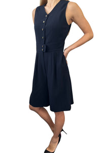 CHANEL Vintage CC Mark Logo Culottes Dress #40 Dark Blue Gold Wool Sleeveless