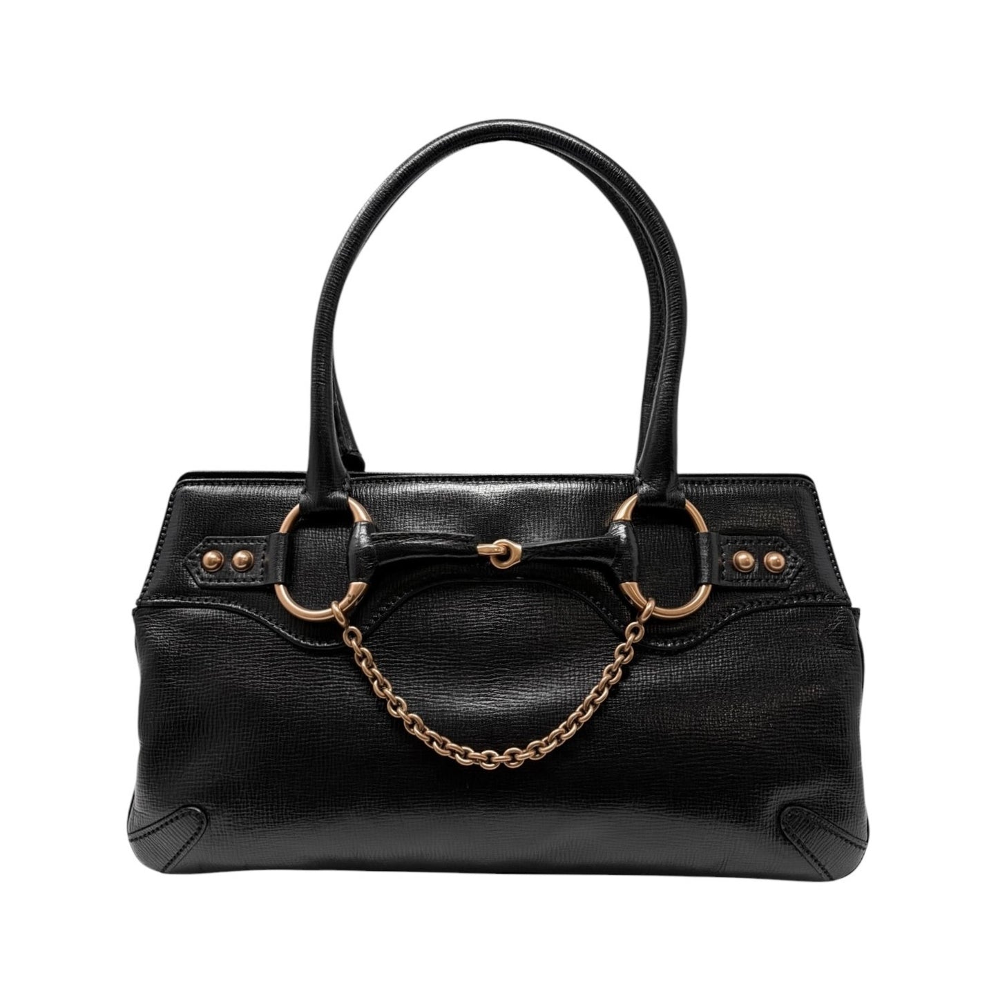 GUCCI Vintage Horsebit Chain Shoulder Tote Bag Black Gold Leather 902057