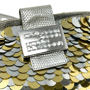 FENDI Vintage Mamma Baguette Sequins Shoulder Bag Silver Gold Leather RankAB