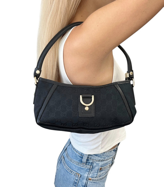 GUCCI Vintage GG Monogram Abbey Canvas Shoulder Bag Dark Blue Black Gold