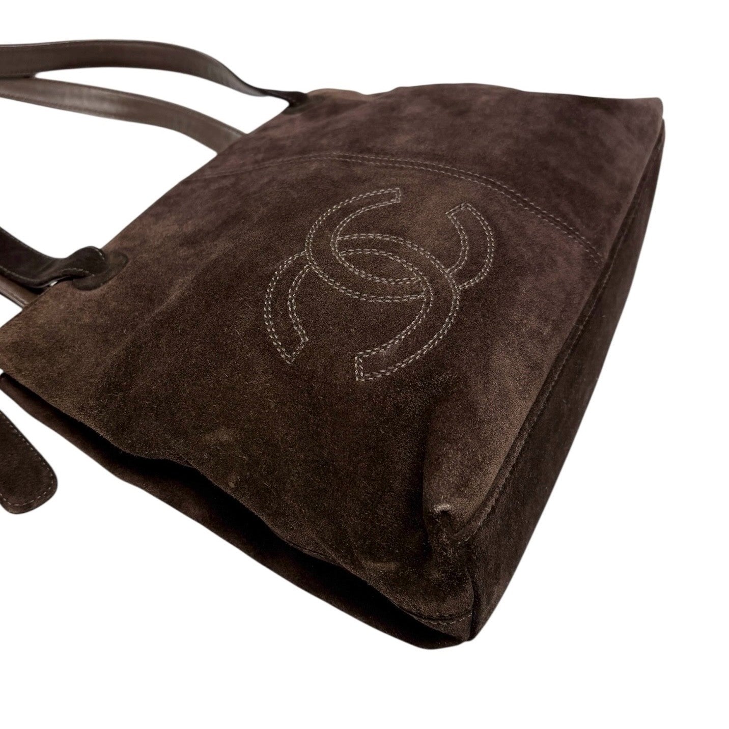 CHANEL Vintage Embroidered CC Logo Suede Tote Shoulder Bag Dark Brown Stitch