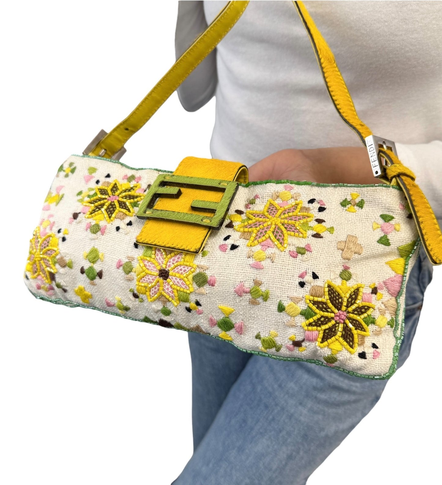 FENDI Vintage FF Beads Mamma Baguette Crossbody Bag Flower Embroidery Yellow