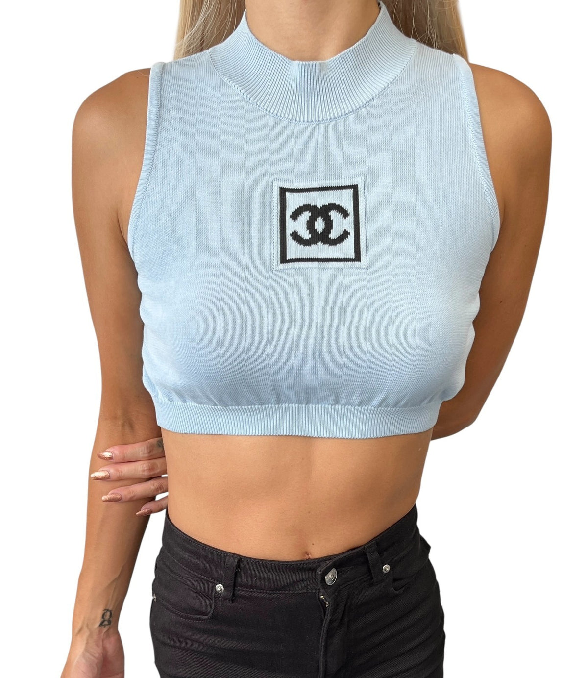 CHANEL Sport Vintage 03A CC Mock Neck Cropped Knit Tank Top #38 Blue 902897