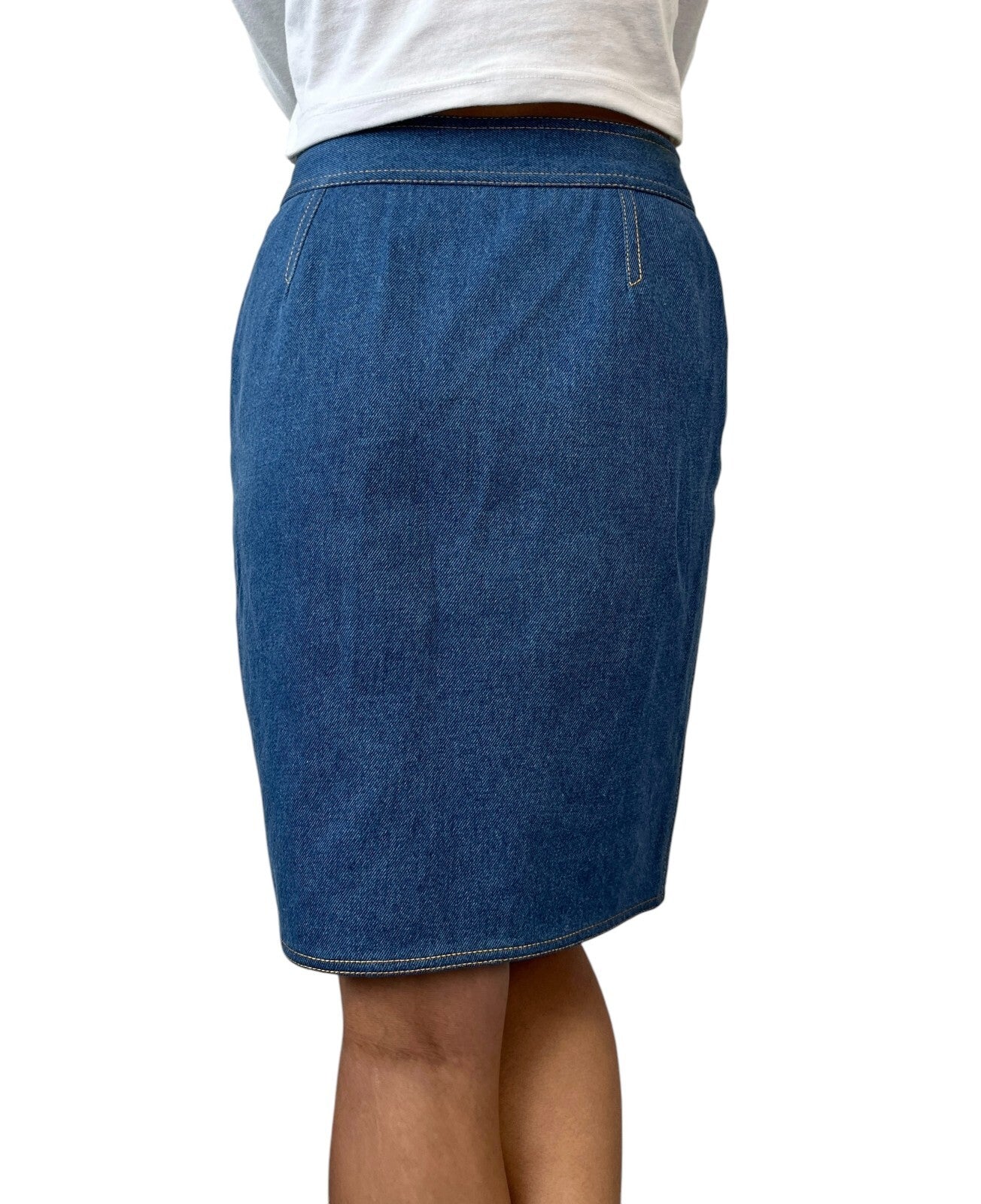 CHANEL Vintage P03207 CC Mark Logo Denim Skirt #36 Blue Gold Cotton Button