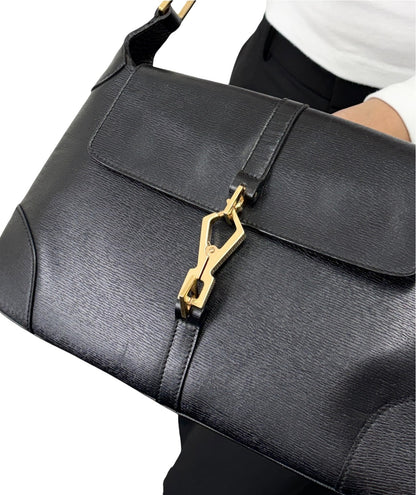 GUCCI Vintage Bamboo Jackie Shoulder Top Handle Bag Black Gold Leather 902332