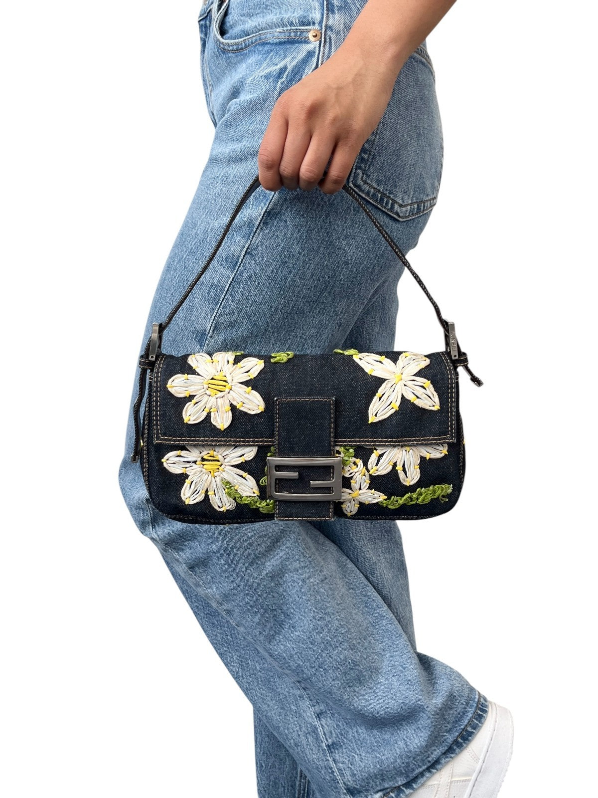 FENDI Vintage Mamma Baguette Denim Shoulder Bag Flower Blue Cotton 901871