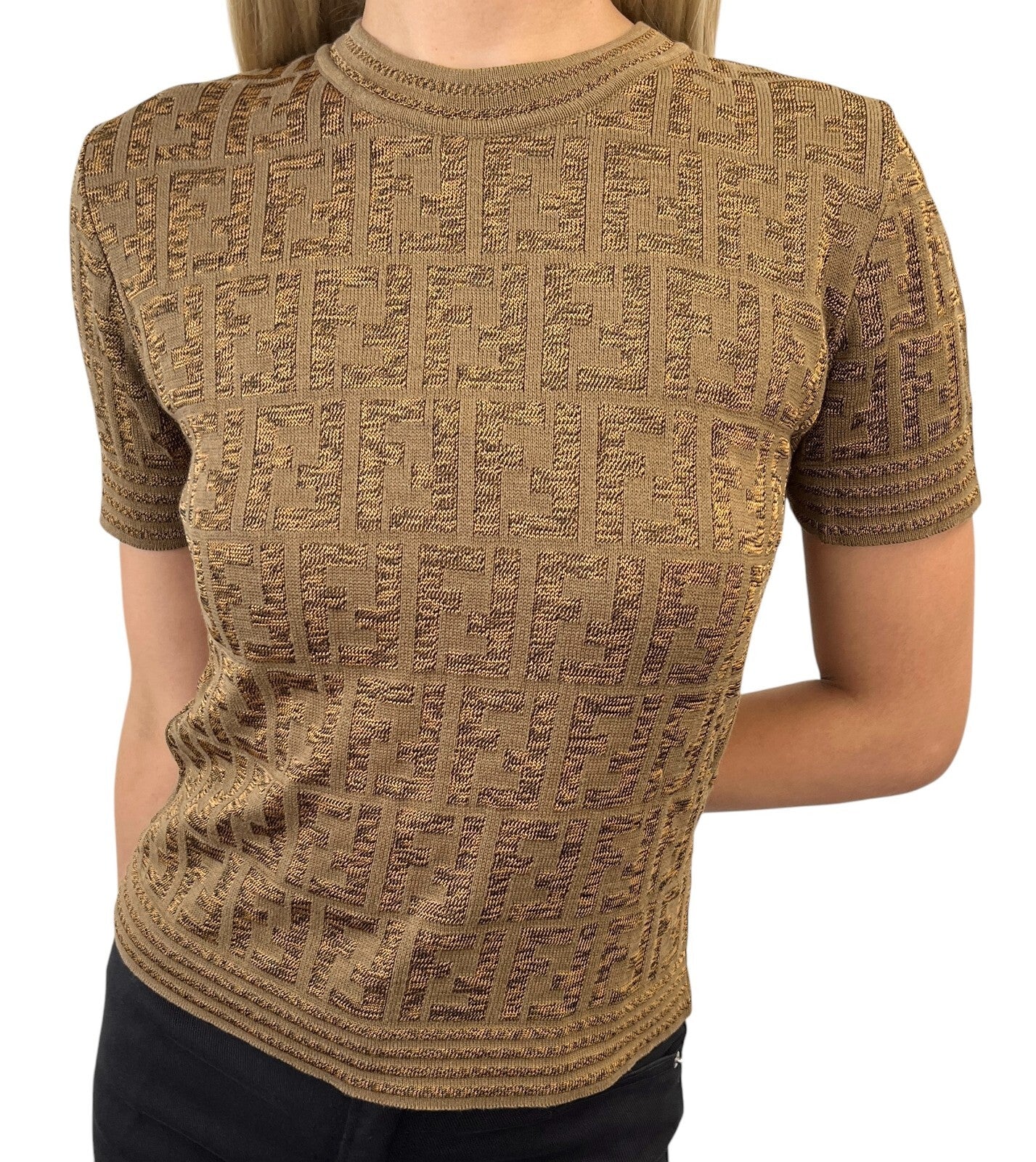 FENDI Vintage Zucca Monogram Logo Knit Top Short Sleeve Sweater Brown Cotton