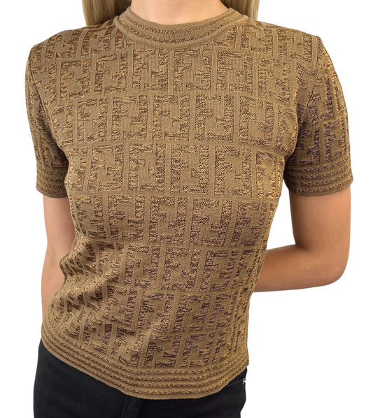 FENDI Vintage Zucca Monogram Logo Knit Top Short Sleeve Sweater Brown Cotton