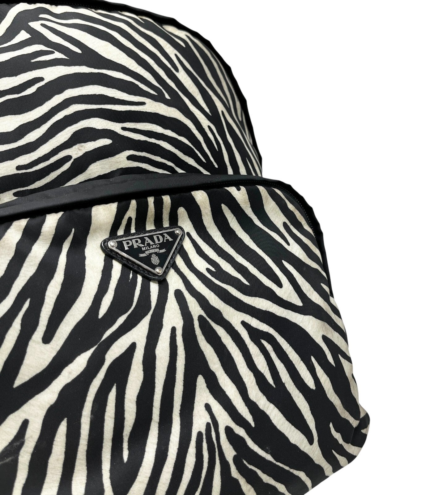 PRADA Vintage Logo Zebra Backpack Zip Mesh Black White Nylon Leather