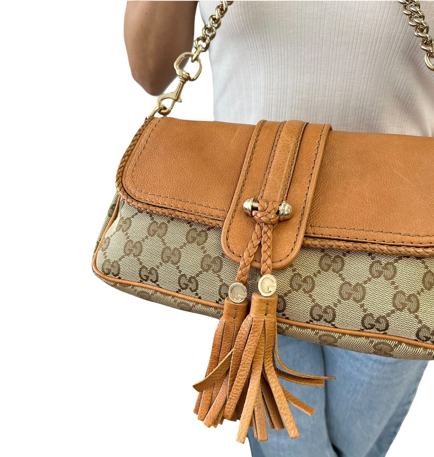 GUCCI Vintage GG Monogram Logo Chain Shoulder Bag Fringe Brown Beige Gold