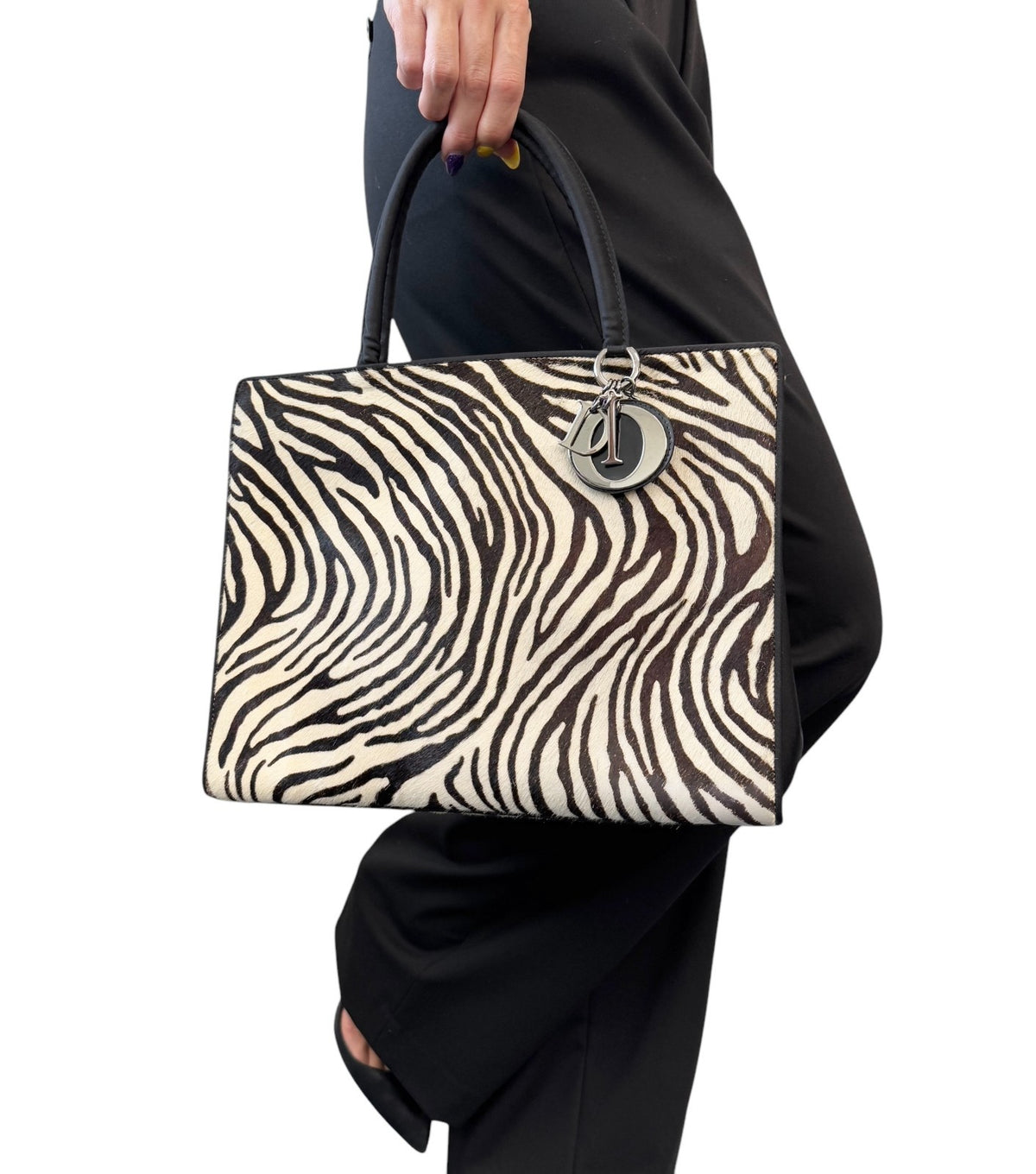 Christian Dior Vintage Logo Charm Zebra Pony Calf Hair Handbag Black 902383