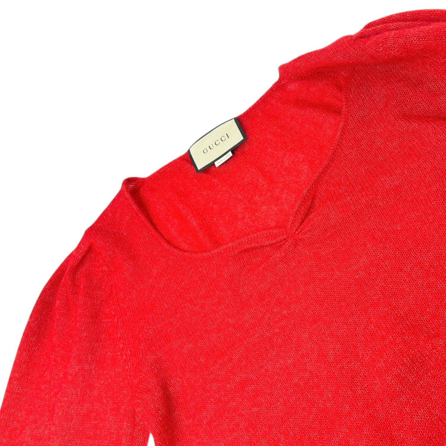 GUCCI Vintage Logo Feather Fur Trimmed Sweater Knit Top #M Red Mohair Silk Wool