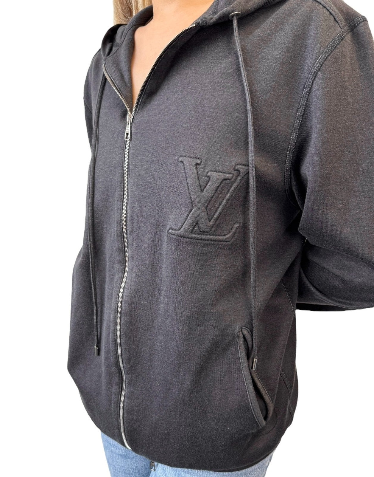 LOUIS VUITTON Vintage LV Logo Full Zip Up Hoodie Jacket Top #S Black Gray Cotton