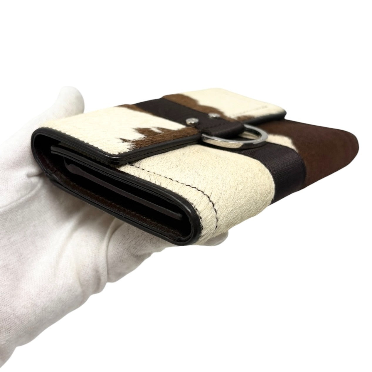 Dior Vintage Logo Cow Print Pony Calf Hair Mini Wallet Brown White 901888