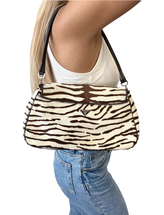 PRADA Vintage Logo Pony Calf Hair Zebra Print Shoulder Bag Brown White 902221
