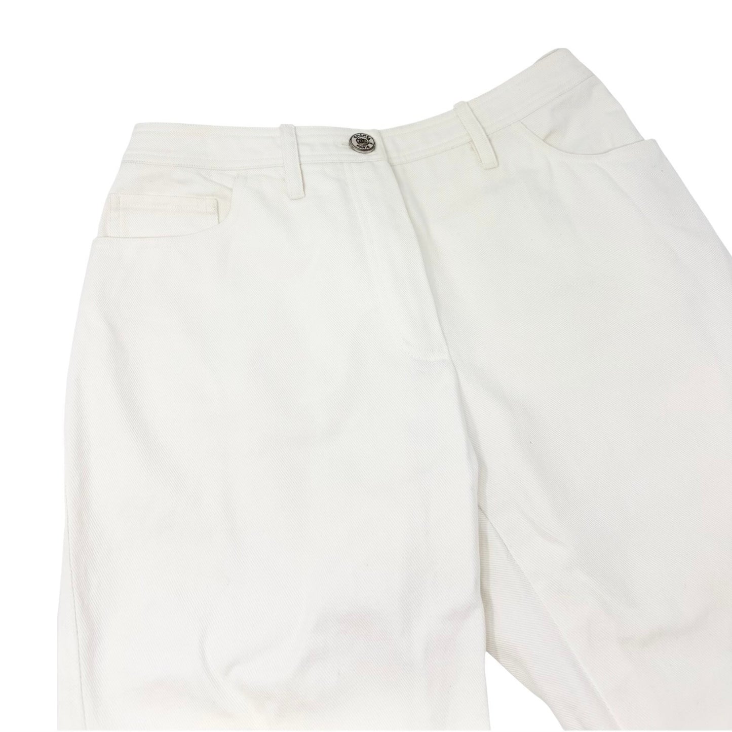 CHANEL Vintage 97C CC Logo Denim Pants #42 White Cotton Stitch 902246