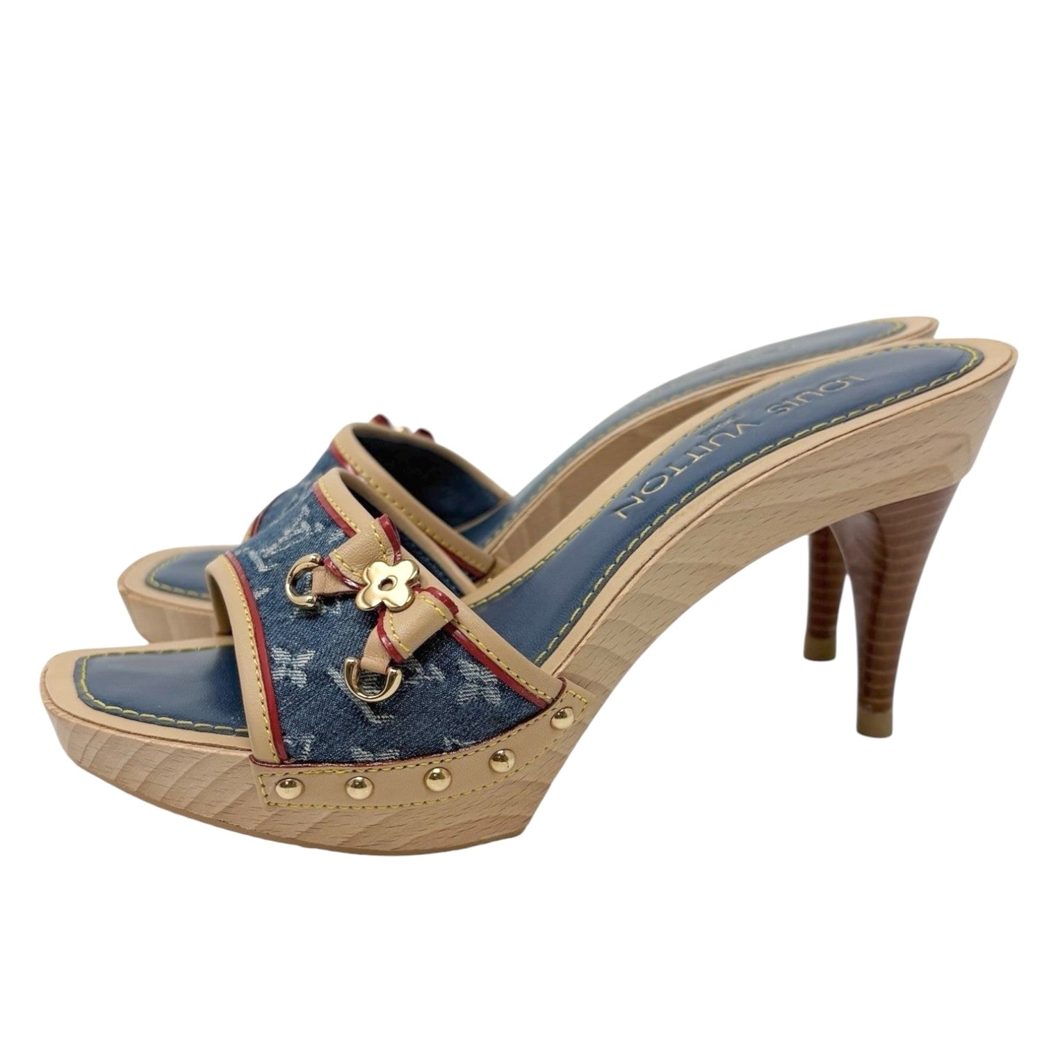 LOUIS VUITTON Vintage Monogram Denim Heels Sandals #36 Blue Beige Ribon