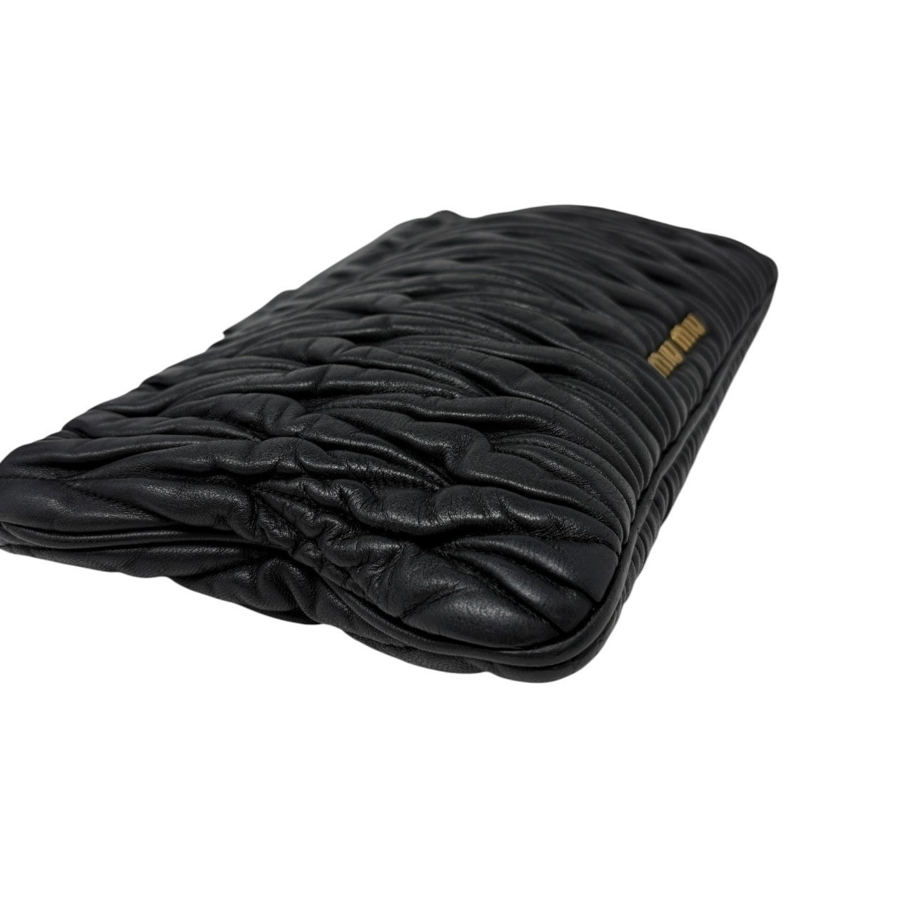 Miu Miu Vintage Logo Gather Clutch Bag Handbag Matelasse Gold Black Leather
