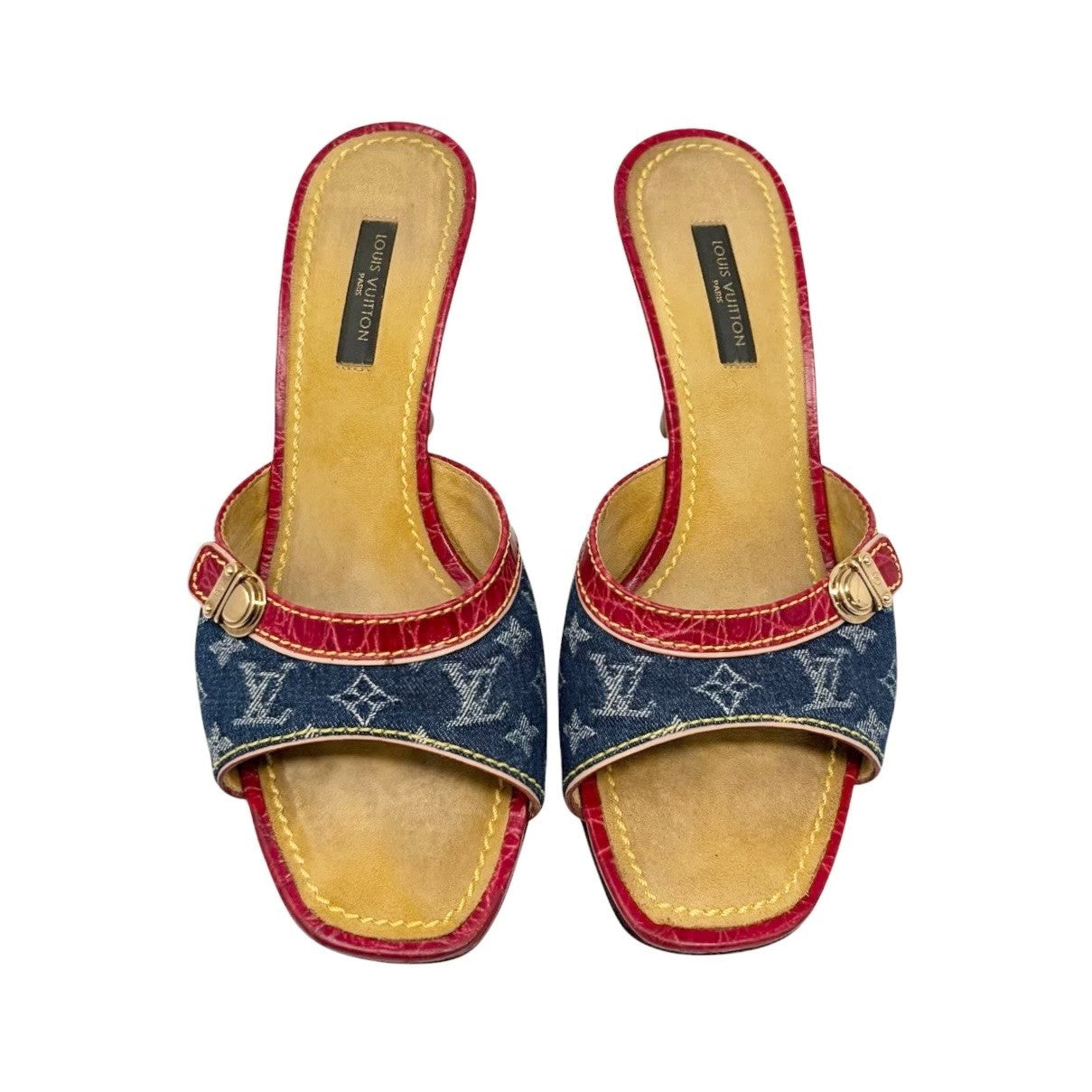 LOUIS VUITTON Vintage Monogram Denim Sandals Heels #36 Blue Red Beige 902029