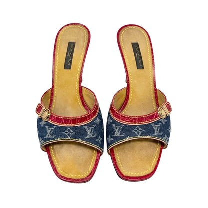 LOUIS VUITTON Vintage Monogram Denim Sandals Heels #36 Blue Red Beige 902029