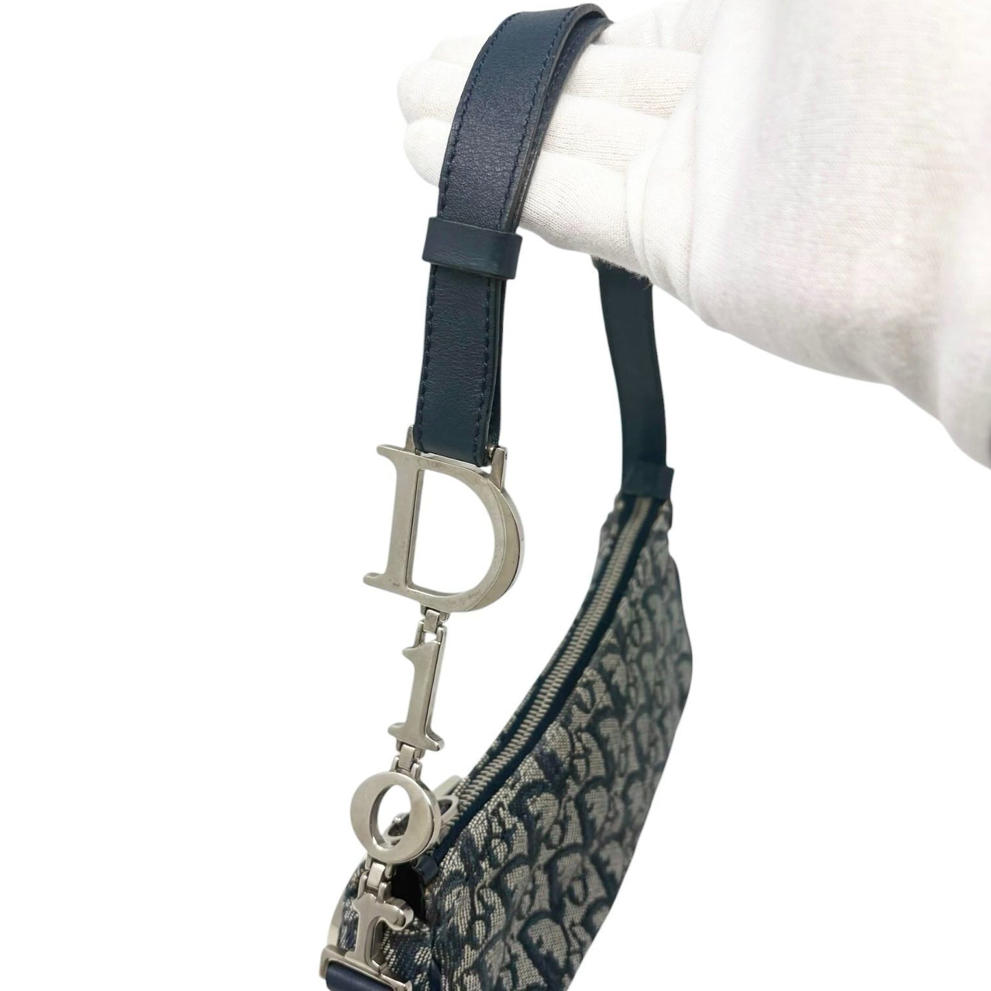 Christian Dior Vintage CD Logo Trotter Monogram Shoulder Bag Dark Blue Silver