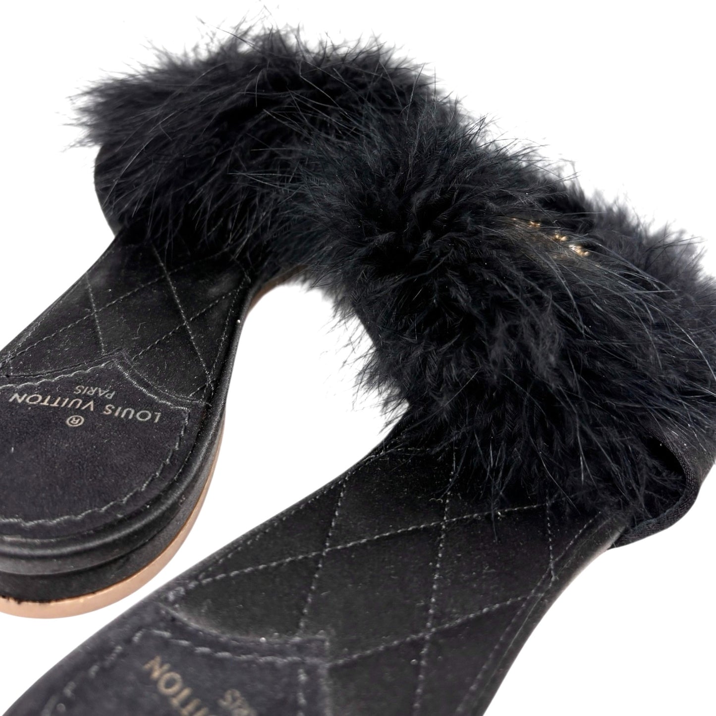 LOUIS VUITTON Vintage LV Logo Fur Flat Sandals #38 Rhinestone Black Gold Suede