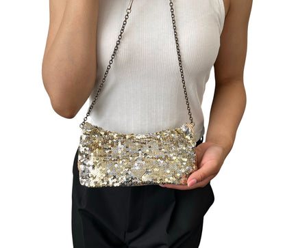 PRADA Vintage Triangle Logo Sequins Shoulder Bag Pochette Handbag Gold 902280