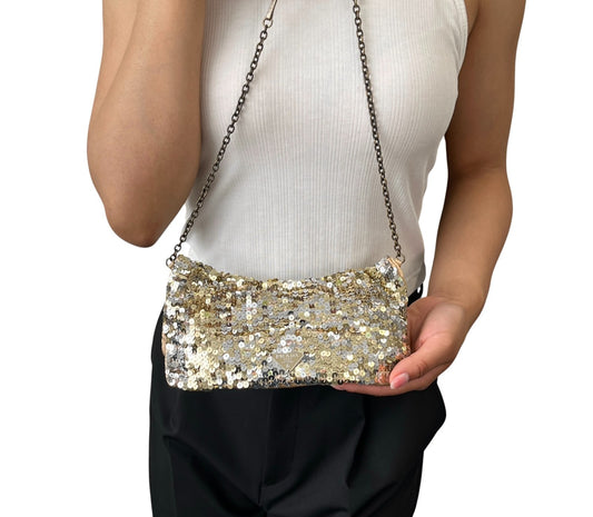 PRADA Vintage Triangle Logo Sequins Shoulder Bag Pochette Handbag Gold 902280