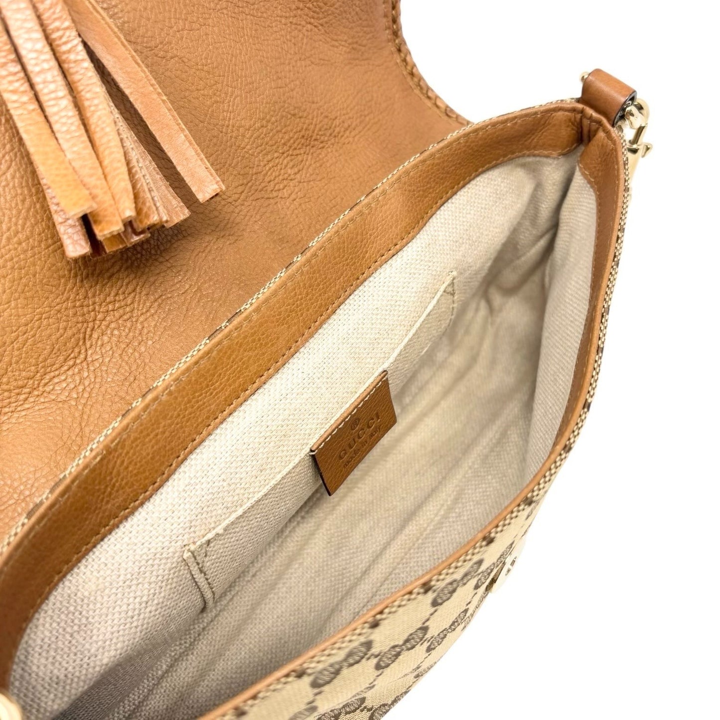 GUCCI Vintage GG Monogram Logo Chain Shoulder Bag Fringe Brown Beige Gold