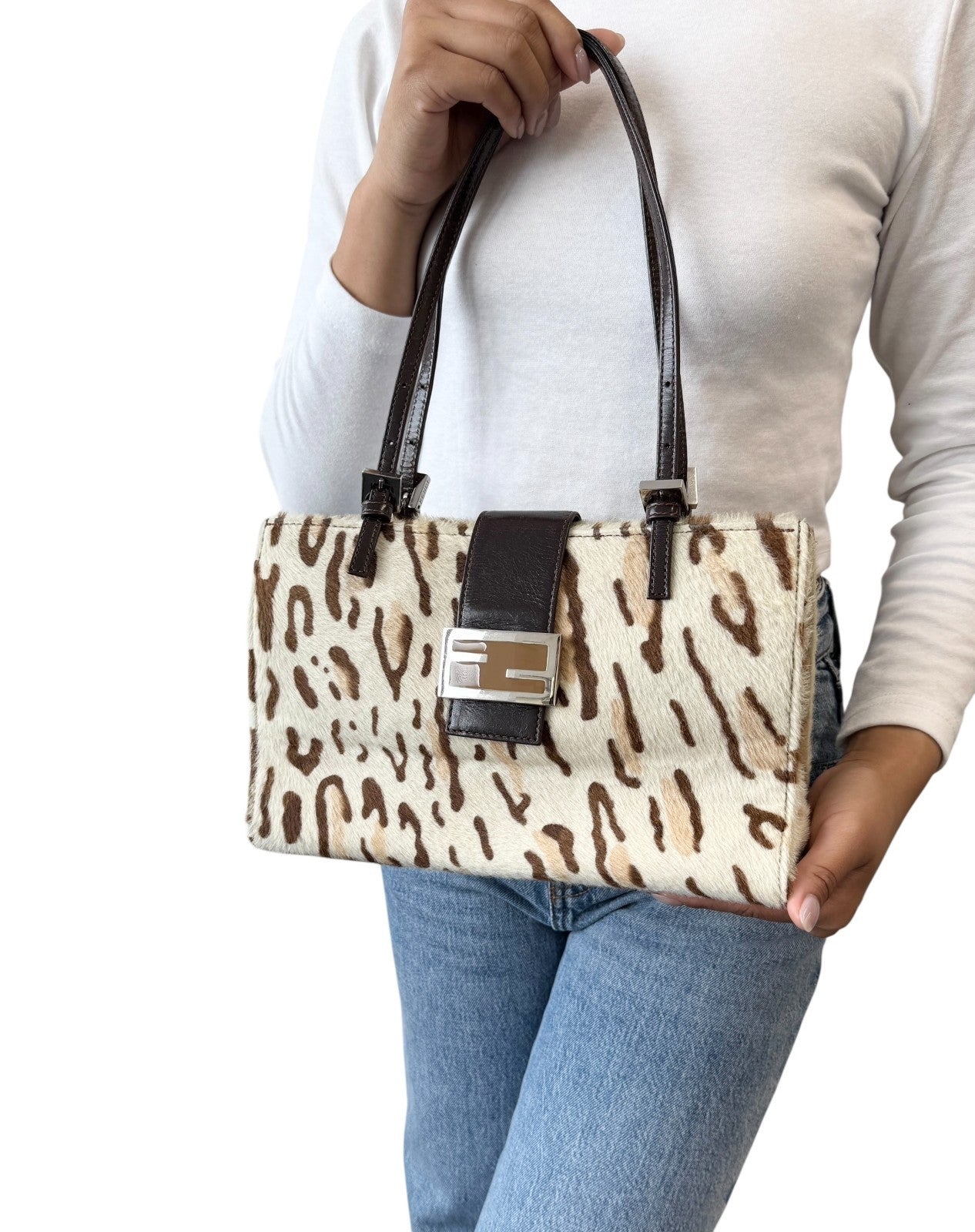 FENDI Vintage FF Logo Leopard Mamma Baguette Shoulder Bag Cream Brown Calf Hair