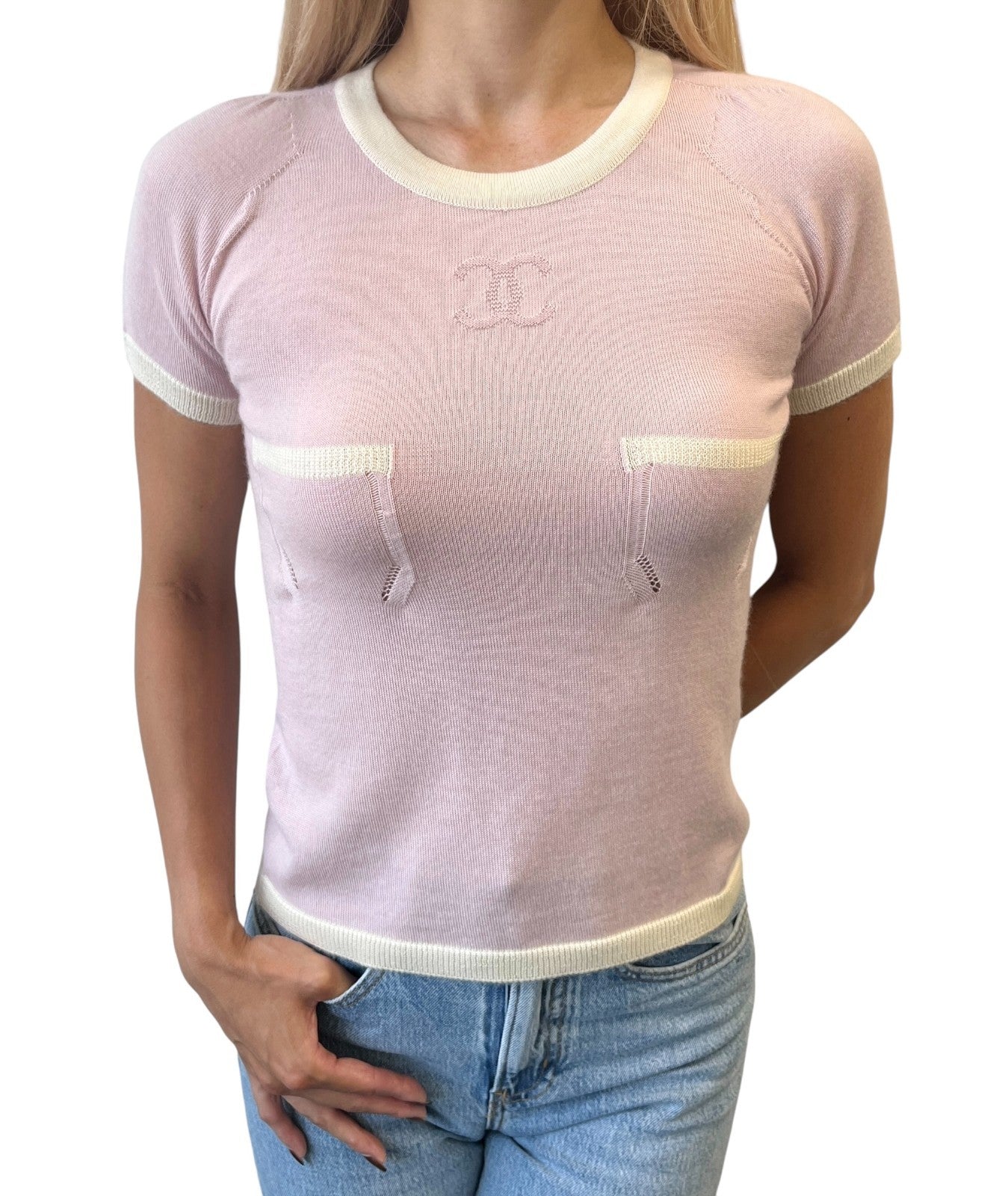 CHANEL Vintage 04C CC Logo Knit T-shirt #38 Short Sleeve Top Pink Cashmere