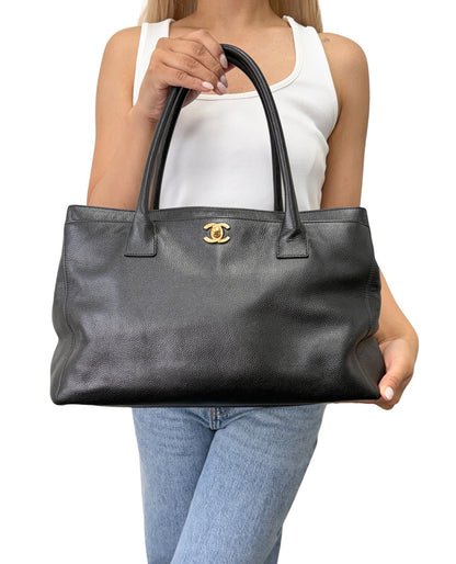 CHANEL CC Turnlock Executive Tote Shoulder Bag Black Gold Leather 902459