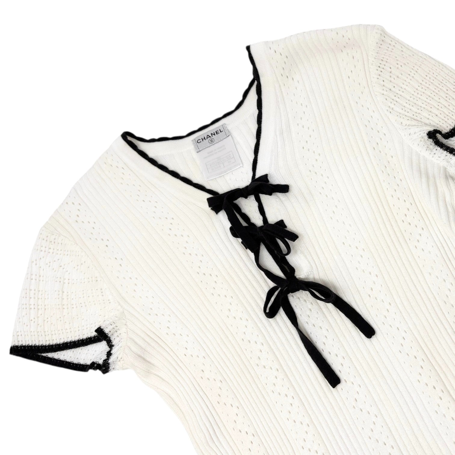 CHANEL Vintage 05C CC Logo Ribbed Knit Ribbon T-shirts Top #38 White Black