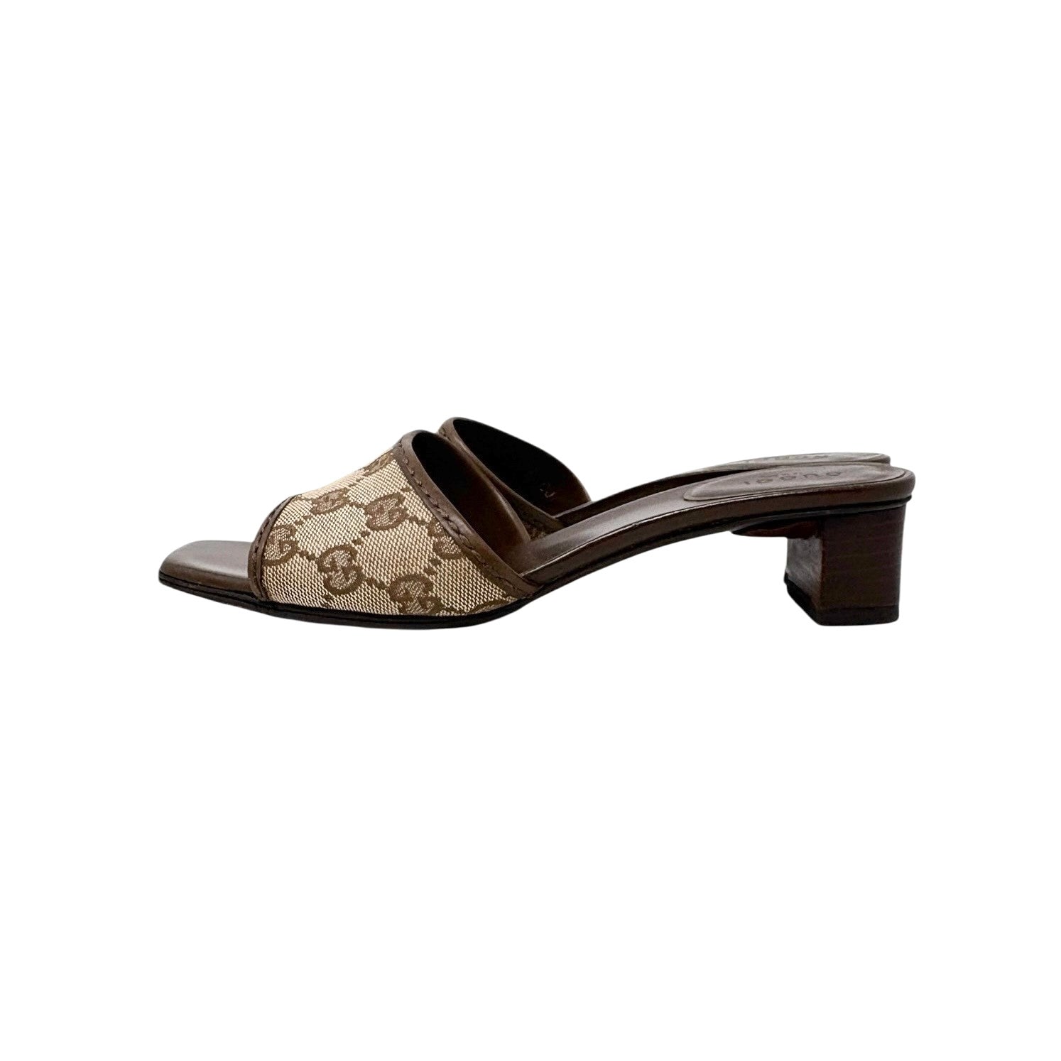 GUCCI Vintage GG Logo Monogram Sandals Block Heels #36.5 Brown Canvas Leather