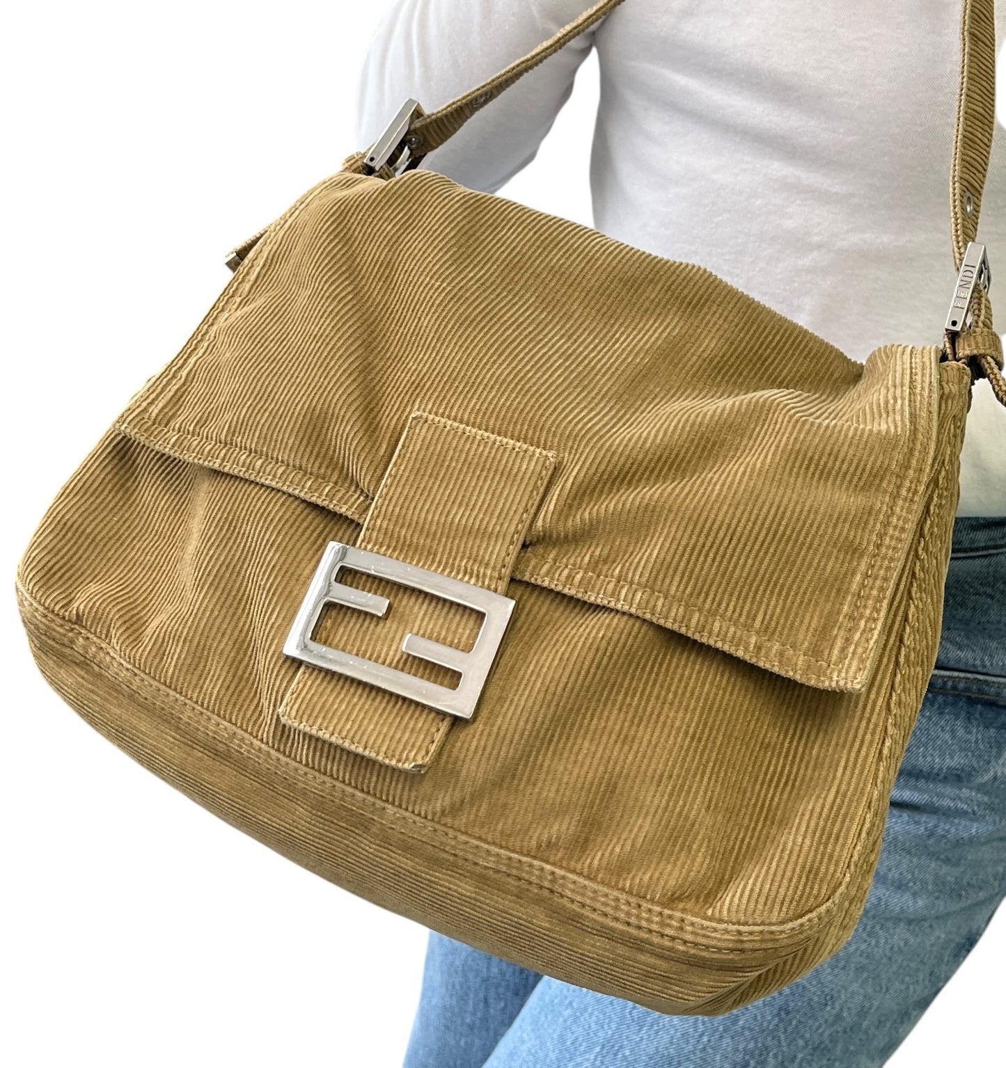 FENDI Vintage FF Logo Corduroy Mamma Baguette Shoulder Bag Light Brown Silver