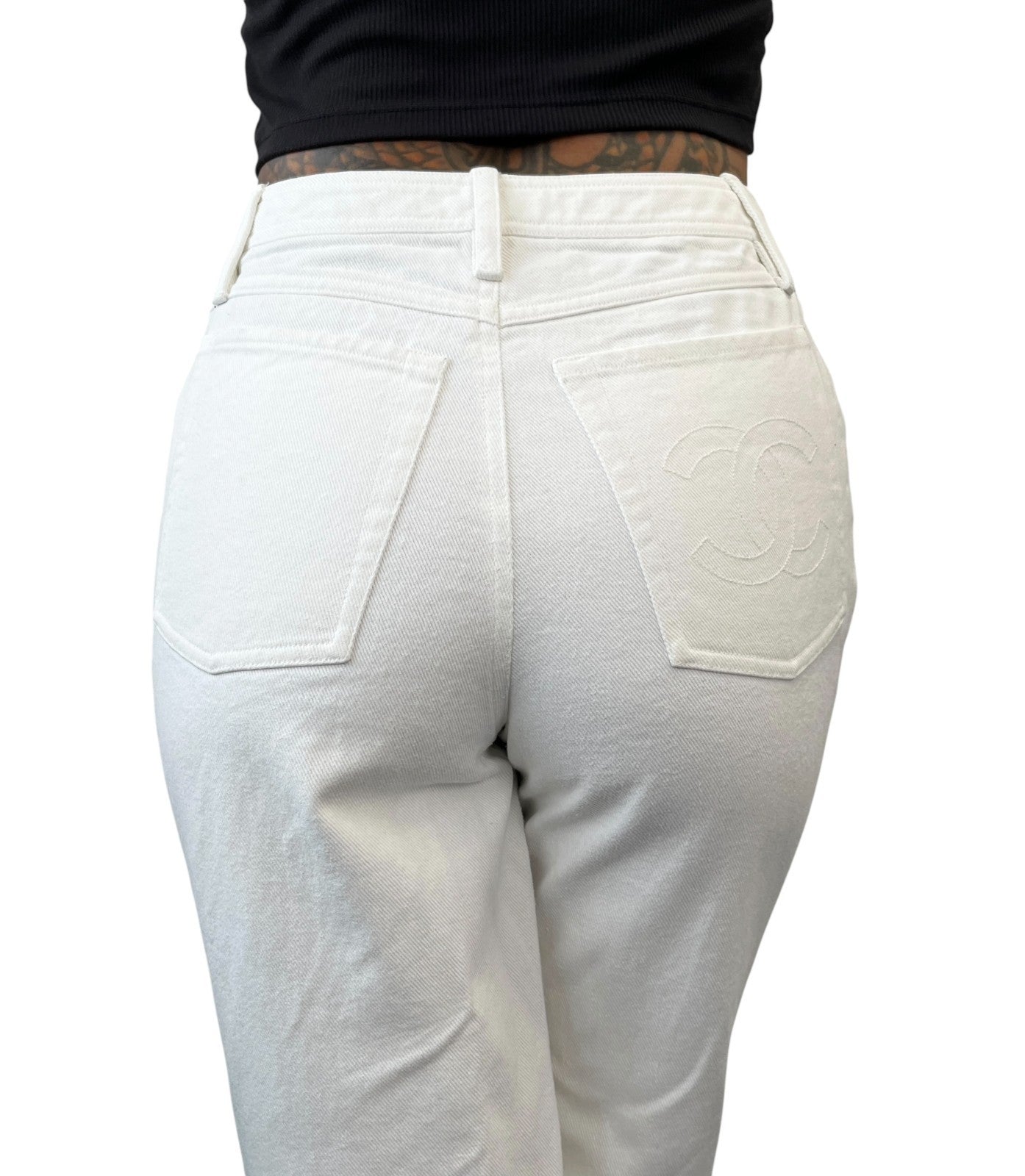 CHANEL Vintage 97C CC Logo Denim Pants #38 White Silver Cotton Stitch Pocket