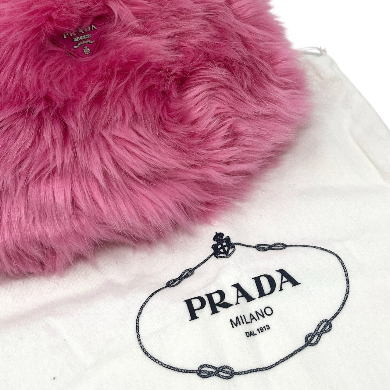 PRADA Vintage Logo Clutch Bag Wristlet Pouch Pink Silver Faux Fur Zip RankAB+