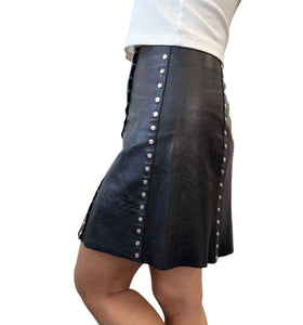 CELINE Vintage Macadam Logo Button Mini Skirt #38 Black Silver Leather