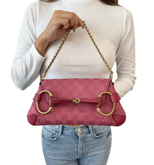 GUCCI Vintage GG Monogram Horsebit Chain Shoulder Bag Pochette Pink 901801