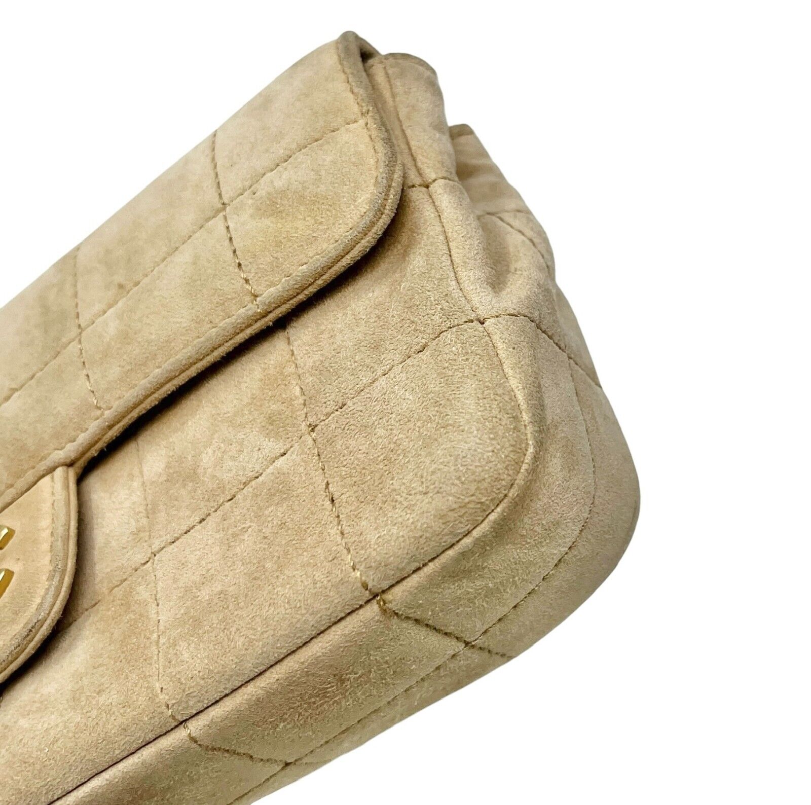 CHANEL Vintage CC Logo Chocolate Bar Crossbody Bag Chain Beige Gold Suede