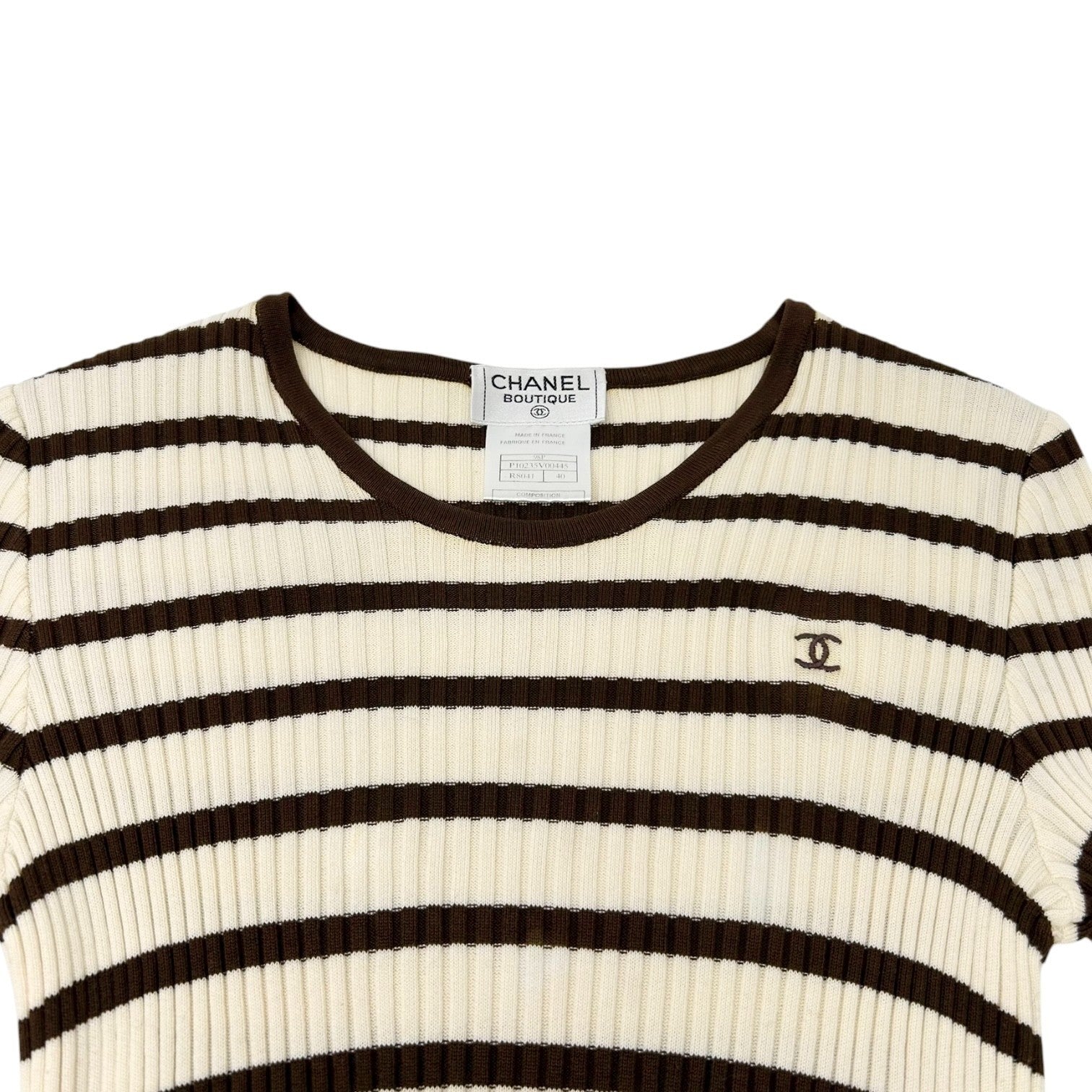 CHANEL Vintage 98P CC Mark Logo Striped Ribbed Knit Top #40 Brown White Cotton