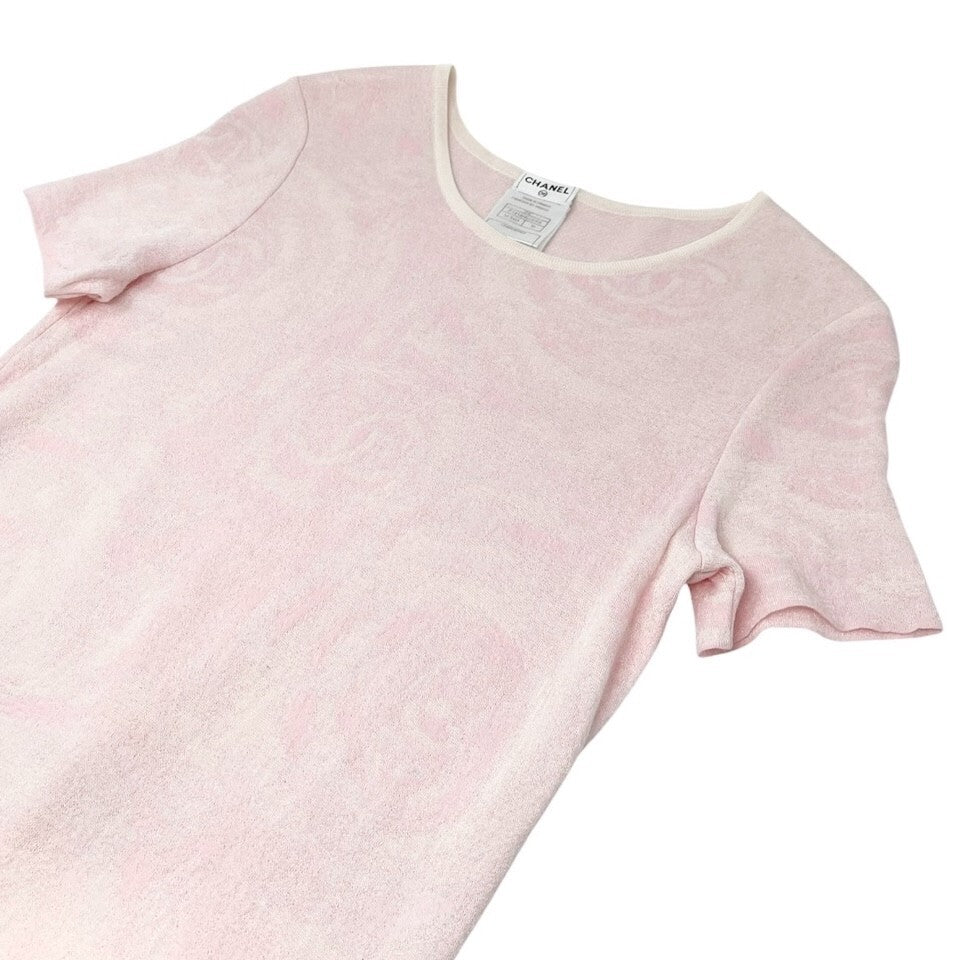 CHANEL Vintage 09C CC Logo T-shirt Knit Top #38 Pink Cotton Rose Short Sleeve
