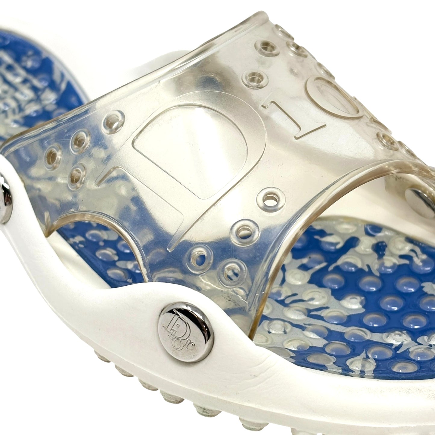 Christian Dior Vintage CD Logo Surf Chick Beach Sandals #38 White Blue Rubber