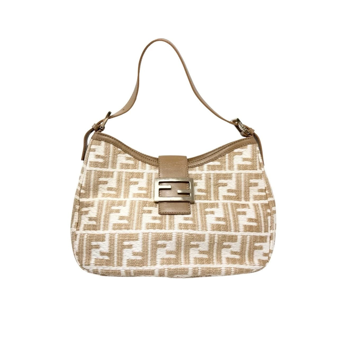 FENDI Vintage FF Logo Zucca Raffia Hobo Shoulder Bag Brown White Leather