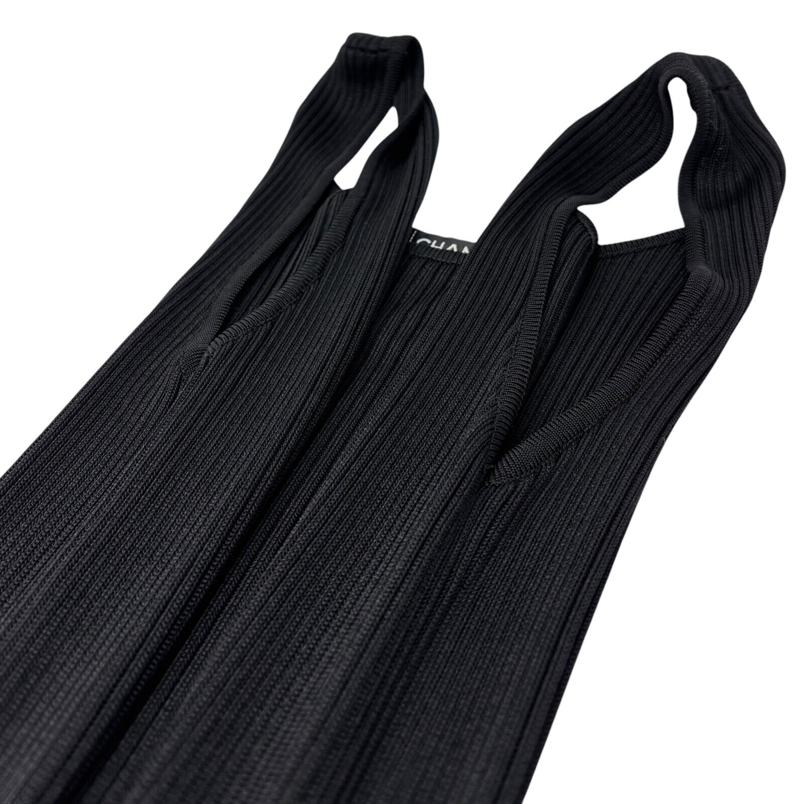 CHANEL Vintage 97P CC Logo Ribbed Long Dress #40 Sleeveless Black Rayon Button