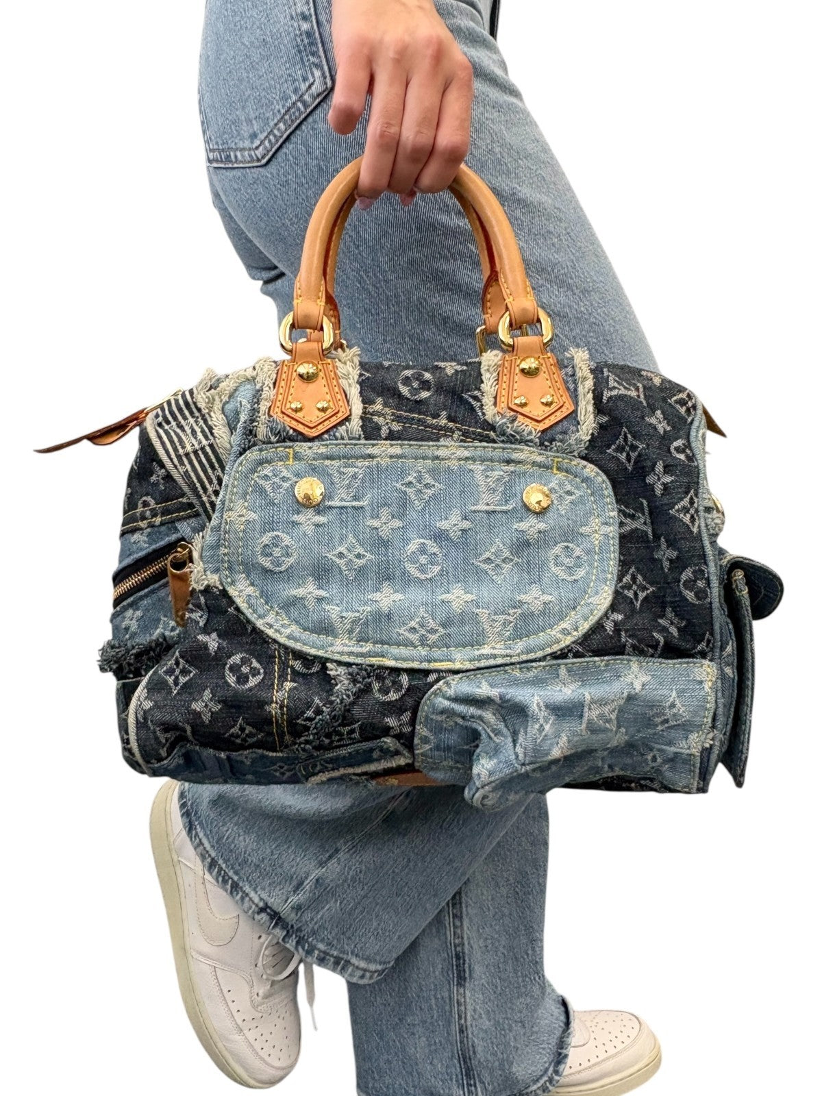 LOUIS VUITTON Vintage Monogram Patchwork Denim Speedy 30 Boston Bag Blue Brown