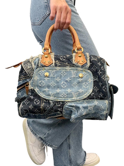 LOUIS VUITTON Vintage Monogram Patchwork Denim Speedy 30 Boston Bag Blue Brown