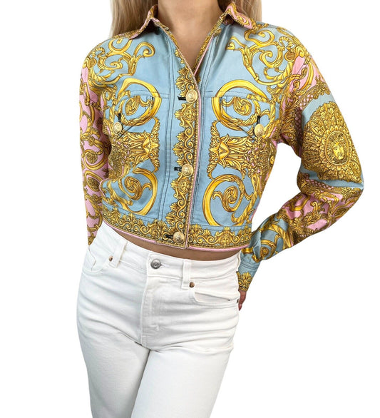 GIANNI VERSACE Vintage 1992 Medusa Baroque Denim Jacket Pink Blue Gold Rank AB
