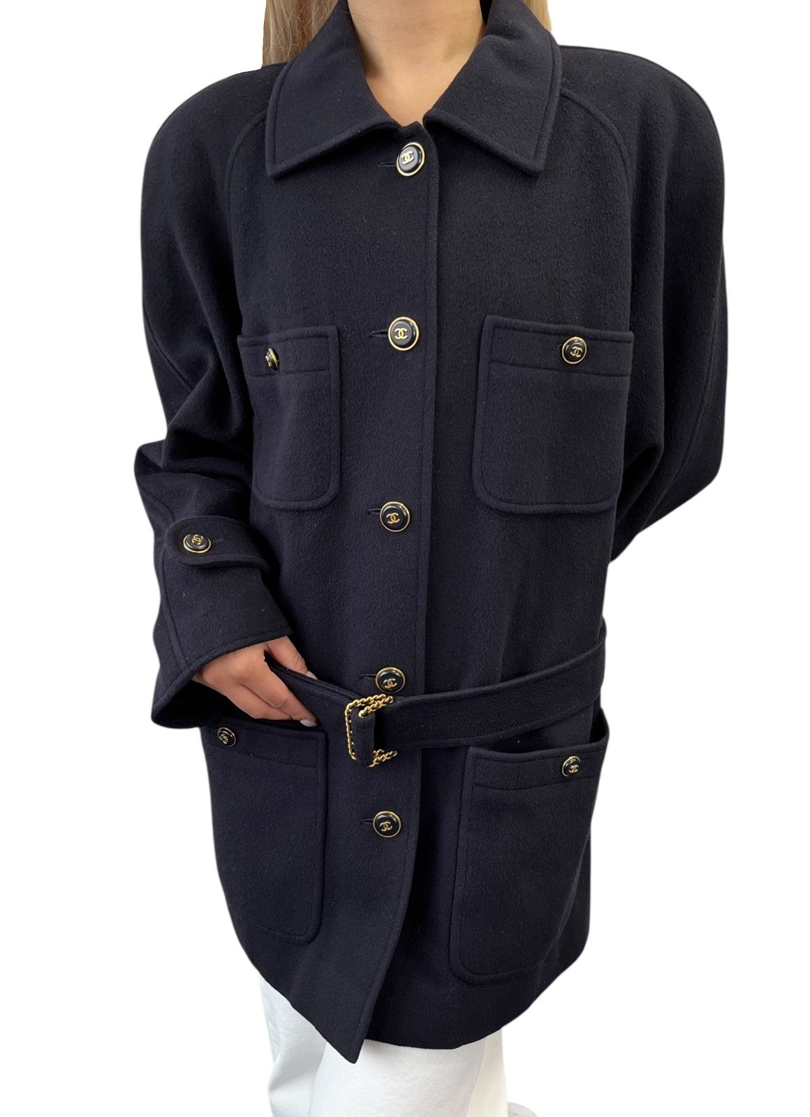 CHANEL Vintage 95A CC Button Cashmere Coat Jacket #40 Belt Dark Blue Gold